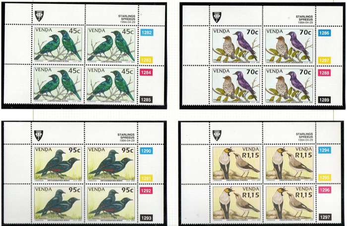 VENDA 1994 STARLINGS (BIRDS) UMM SET OF (X4) CONTROL BLKS. CC276-9. CV R500. VENDA'S LAST ISSUE.