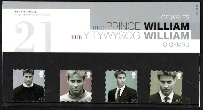 GB 2003 21st birthday of Prince William mint presentation pack no 348  CV  GBP 8.