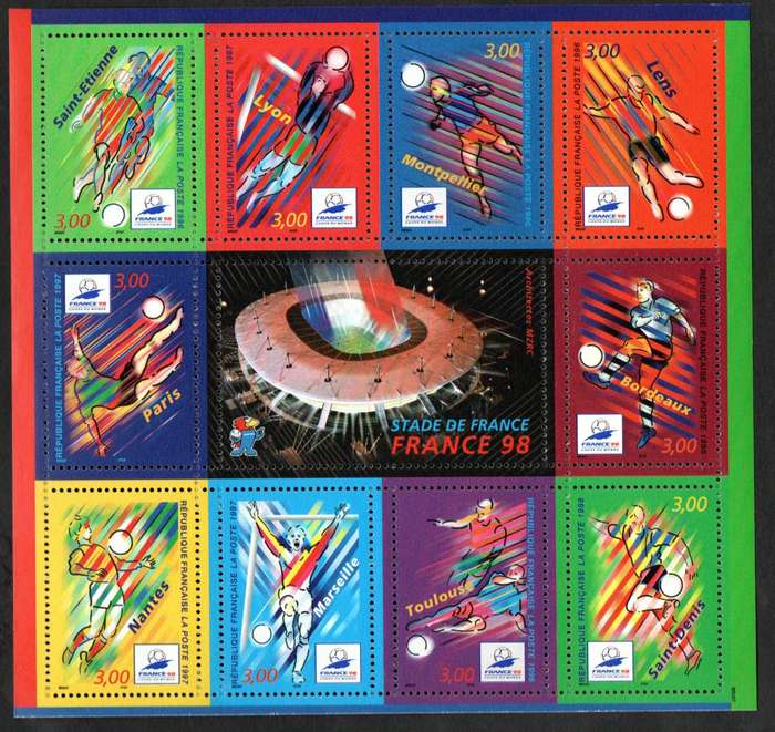 France 1998 FIFA World Cup host cities umm mini sheet  SGMS3466  CV GBP 13  lovely thematic item.