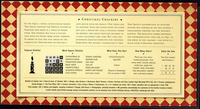 GB 1997 Christmas. 150th ann of the Christmas cracker presentation pack no 282 plus set of postcards