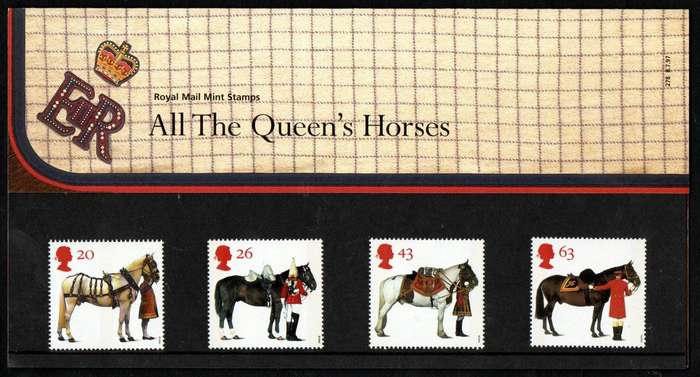 GB 1997 'All the Queen's Horses' ann of British Horse Society mint pres pack no 278 + set postcards.
