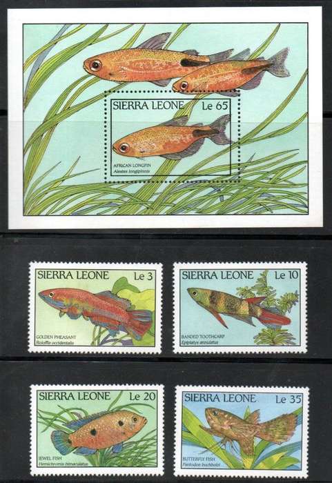 Sierra Leone 1988 fish umm set of (x4) singles + msheet  SG1126-MS1130.