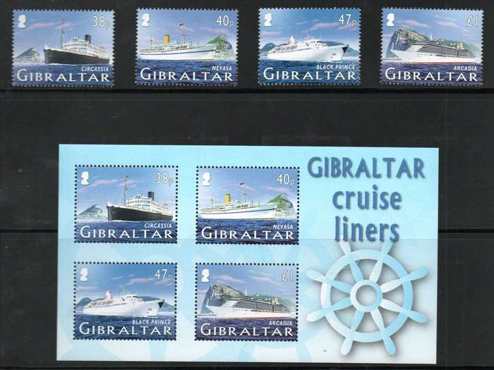 Gibraltar 2006 cruise ships (2nd series) umm set of (x4) singles + msheet  SG1180-MS1184 CV GBP 17+