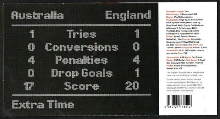 GB 2003 Englands victory in Rugby World Cup mint presentation pack no M9B - CV GBP 20.