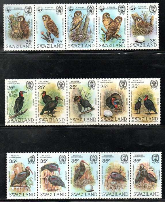 Swaziland 1982-4 Wildlife Conservation (owls, birds etc) umm strips (x3)  total CV GBP 64.5.