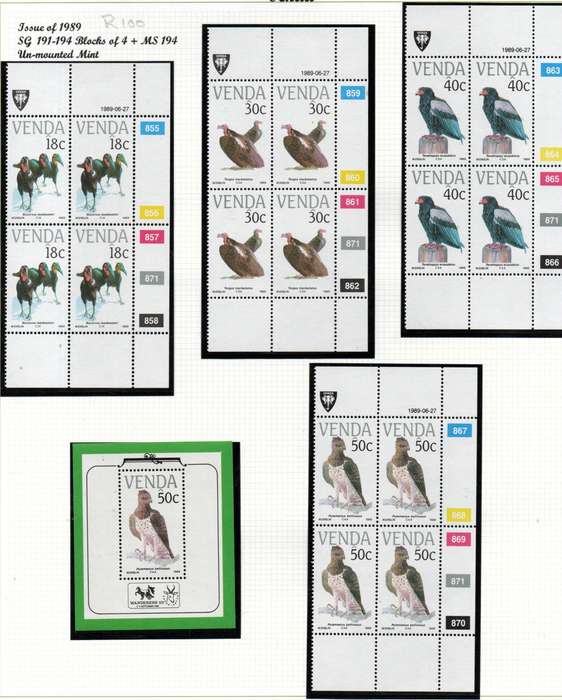 Venda 1987-1991 birds sets of controls + odd msheet umm  as per scans  total CV R980.
