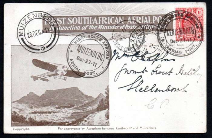 Union 1911 first SA airmail card Kenilworth to Muizenberg with special cachets etc  scarce item.