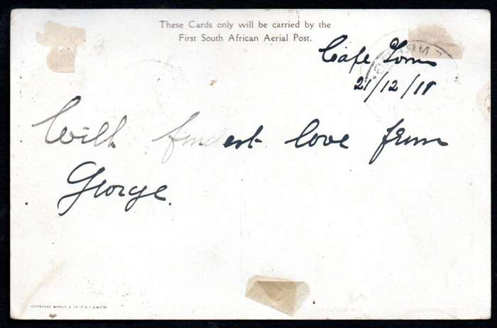 Union 1911 first SA airmail card Kenilworth to Muizenberg with special cachets etc  scarce item.