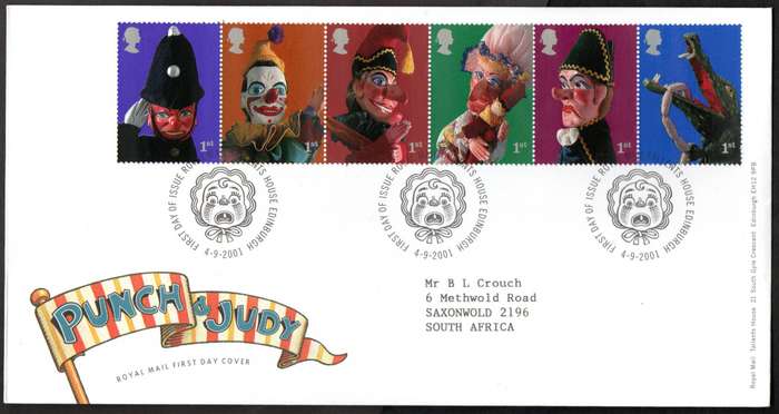 GB 2001 Punch and Judy Show puppets (x2) fdcs (both postmarks)  CV GBP 12+.
