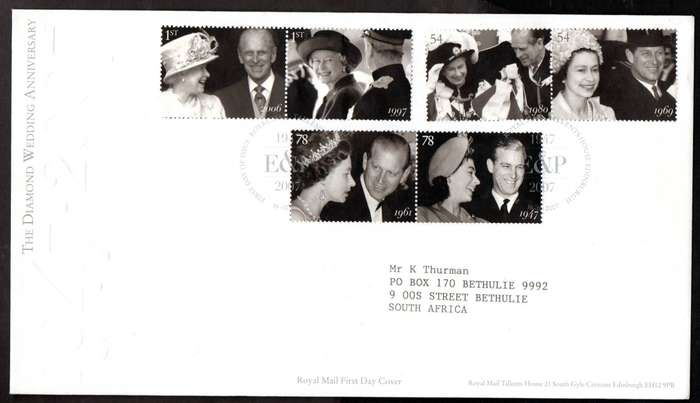 GB 2007 diamond wedding of Queen Elizabeth II+Duke of Edinburgh first day covers (x2) - CV GBP 13