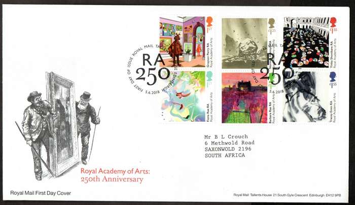 GB 2018 250th anni of The Royal Academy of Arts first day covers (x2) (both postmarks) - CV GBP 23