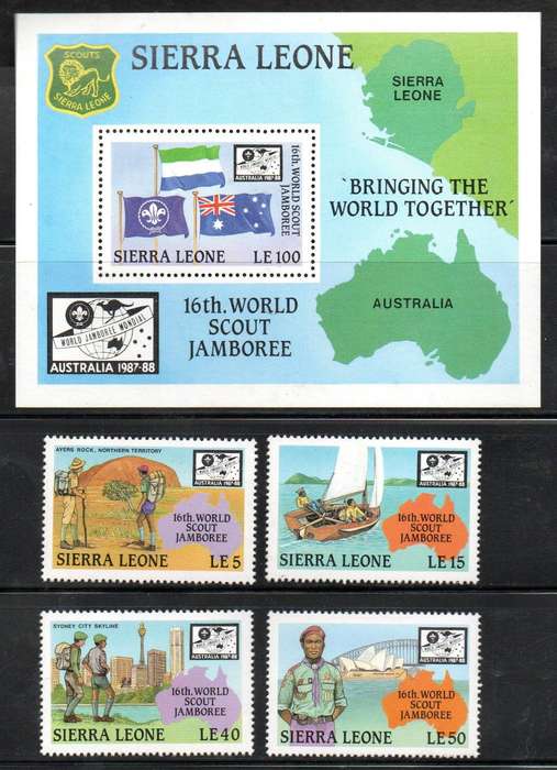 Sierra Leone 1987 World Scout Jamboree umm set of (x4) + msheet  SG1091- MS1095  CV GBP 8+