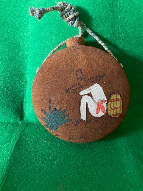 VINTAGE HAND MADE MEXICAN CANTEEN PAINTED LEATHER OVER PLASTIC