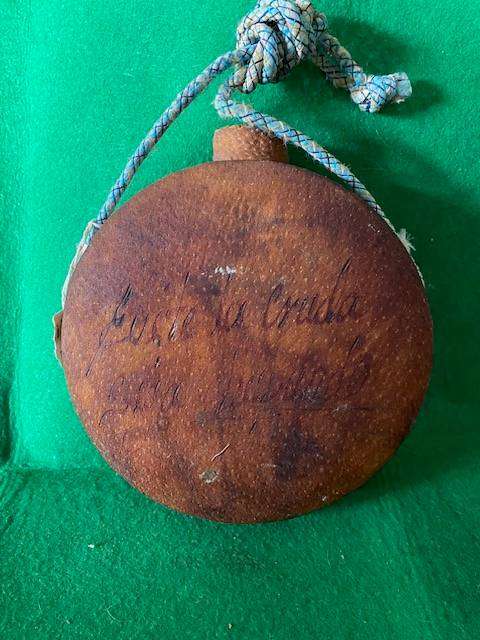 VINTAGE HAND MADE MEXICAN CANTEEN PAINTED LEATHER OVER PLASTIC