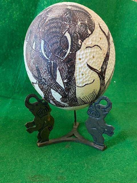 OSTRICH EGG WITH ELEPHANT DETAIL (CAN BE USED AS LAMPSHADE )
