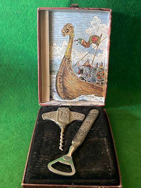 VINTAGE KONGE TIN ROYAL PEWTER CORKSCREW AND BOTTLE OPENER WITH VIKING SHIP DESIGN