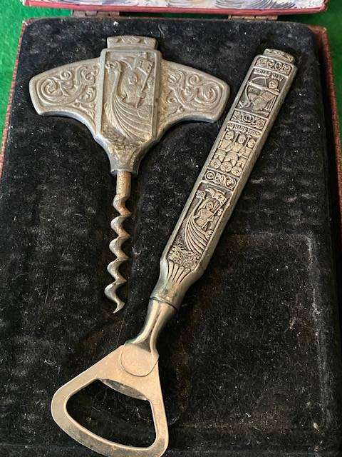 VINTAGE KONGE TIN ROYAL PEWTER CORKSCREW AND BOTTLE OPENER WITH VIKING SHIP DESIGN