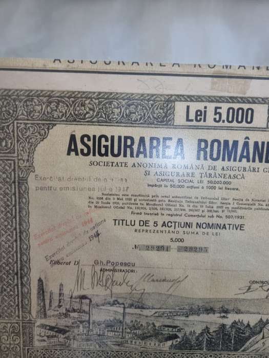 Antique Romanian insurance share certificate 1942