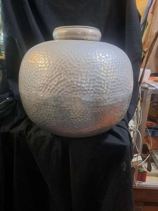 Beautiful hand beaten aluminum deco vase very big  38cm high and about 40cm in diameter