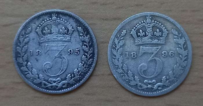 Lot of 7 Great Britain 3 Pence coins of the late 1800s