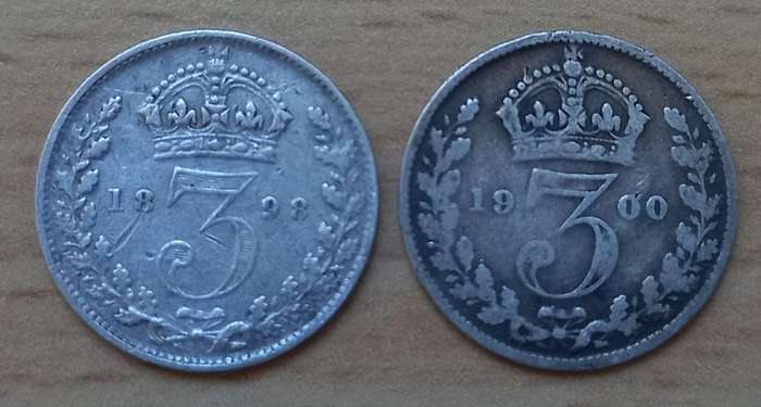 Lot of 7 Great Britain 3 Pence coins of the late 1800s