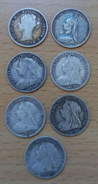 Lot of 7 Great Britain 3 Pence coins of the late 1800s