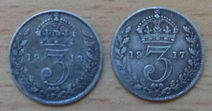 Lot of 4 Great Britain silver 3 Pence coins early 1900s