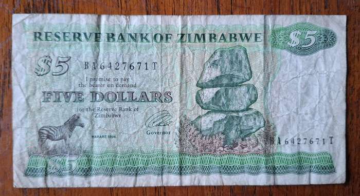 Zimbabwe $5 note Harare 1994 - well used