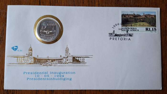 RSA 1994 Mandela FDC with proof R5 coin