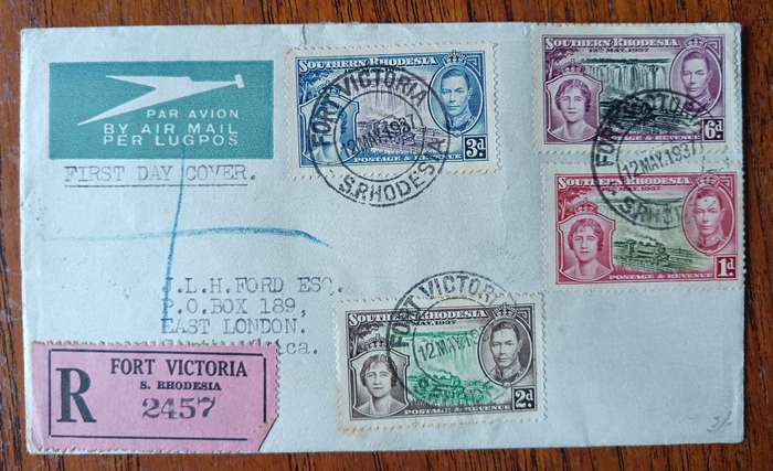 Southern Rhodesia 1937 registered airmail first day cover Fort Victoria to East London