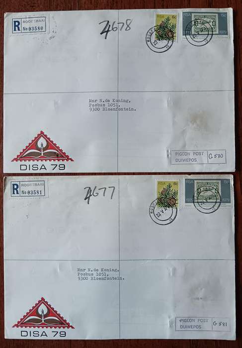 RSA pair of Disa 1977 pigeon post registered envelopes
