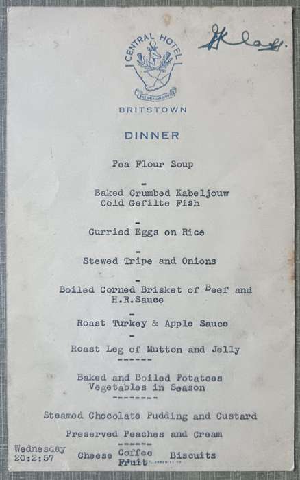 Britstown Central Hotel dinner menu February 1957, signed by legendary owner Jack Klass