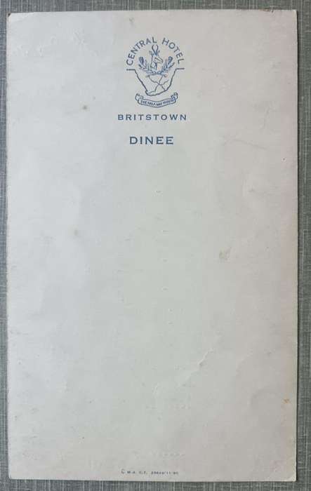 Britstown Central Hotel dinner menu February 1957, signed by legendary owner Jack Klass