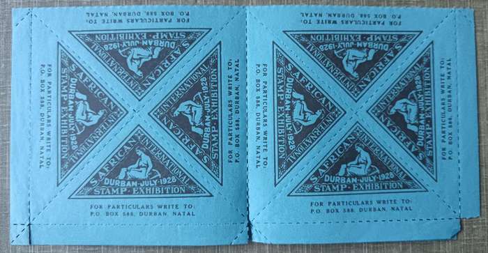 4 blocks of 4 SA Stamp Exhibition Durban July 1928 blue lables