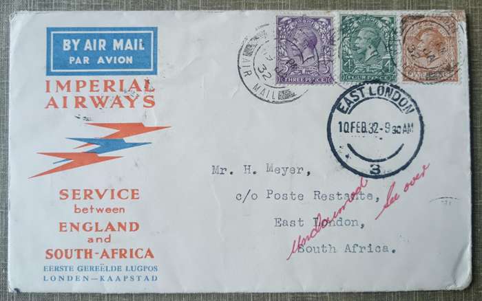 Imperial Airways first regular airmail cover England to South Africa, East London via Cape Town 1932