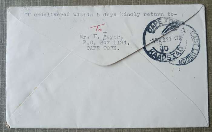 Imperial Airways first regular airmail cover England to South Africa, East London via Cape Town 1932