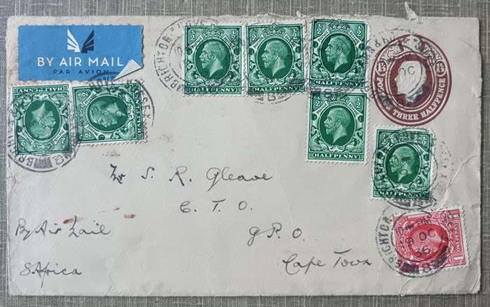Airmail cover 1936 England to Cape Town on three halfpence prepaid envelope plus others