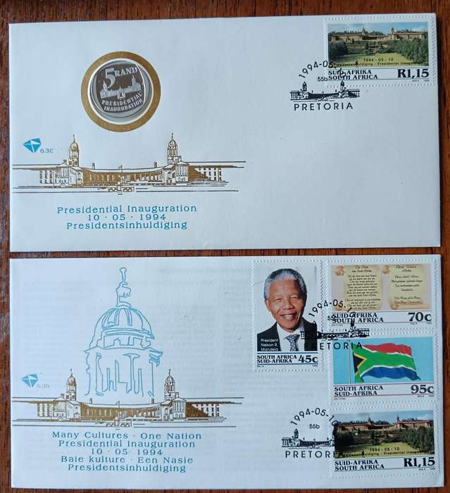 Mandela 1994 R5 proof coin FDC 6.3c, plus FDC 6.3b, plus full set of control blocks
