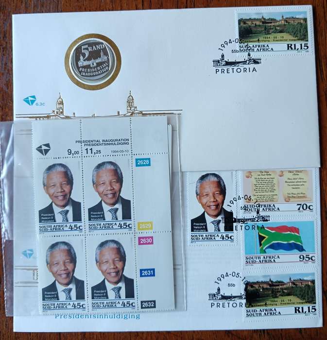 Mandela 1994 R5 proof coin FDC 6.3c, plus FDC 6.3b, plus full set of control blocks