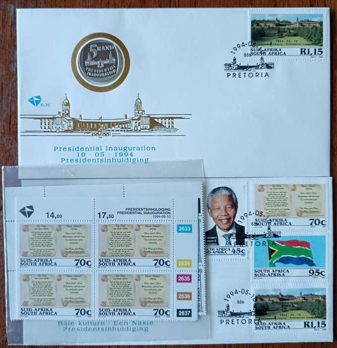 Mandela 1994 R5 proof coin FDC 6.3c, plus FDC 6.3b, plus full set of control blocks