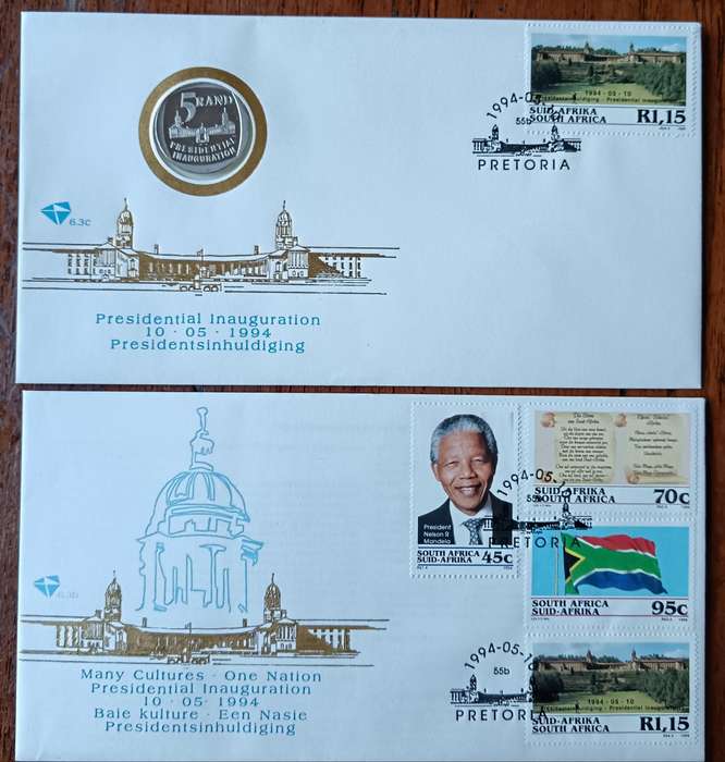 Mandela 1994 R5 proof coin FDC 6.3c, plus FDC 6.3b, plus full set of control blocks