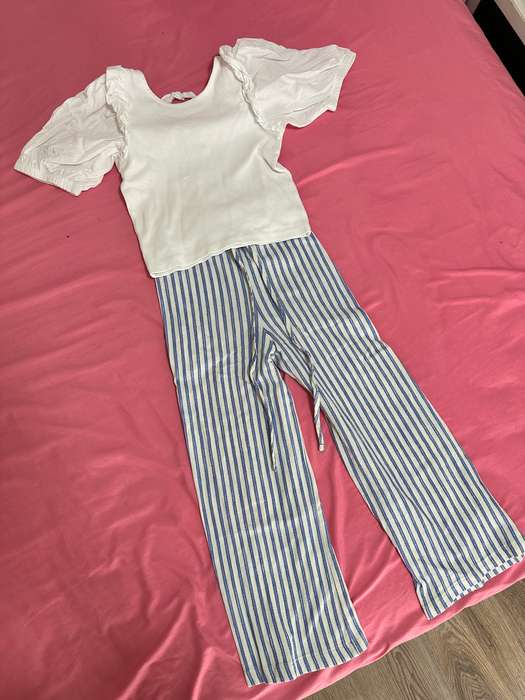 ZARA WHITE SHORT SLEEVE SHIRT AND BLUE OCEAN STYLE PANT FOR GIRLS SIZE 6