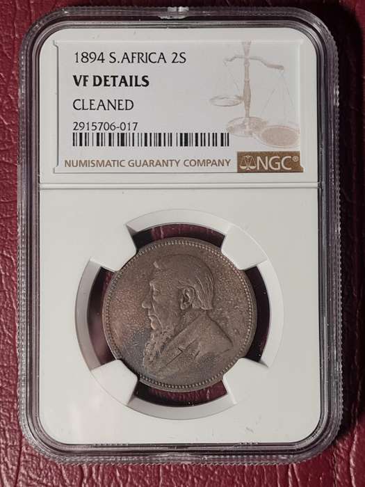 1894 ZAR Sterling Silver 2 Shillings - NGC Graded VF Details