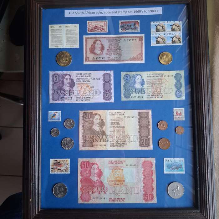 Old South African note, coin and stamp set
