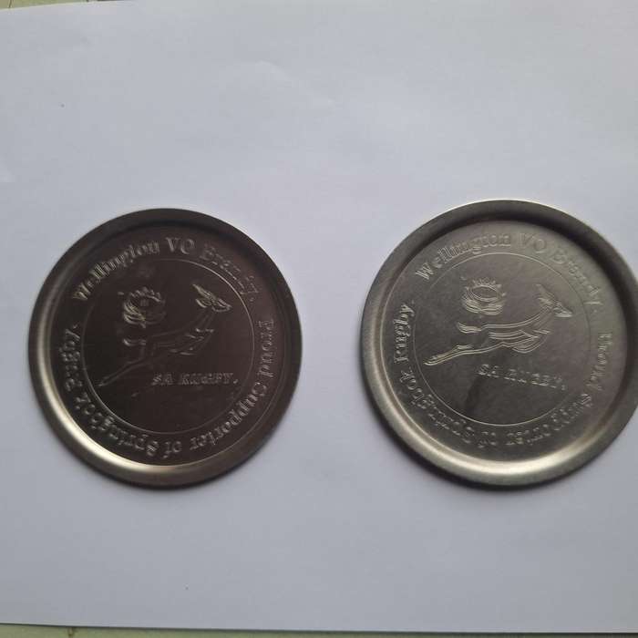 2 x VO Brandy Springbok Supporter steel coasters
