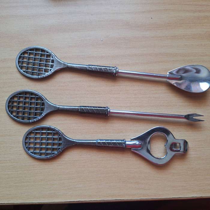 3 Tennis Racket theme spoon, fork and bottle opener