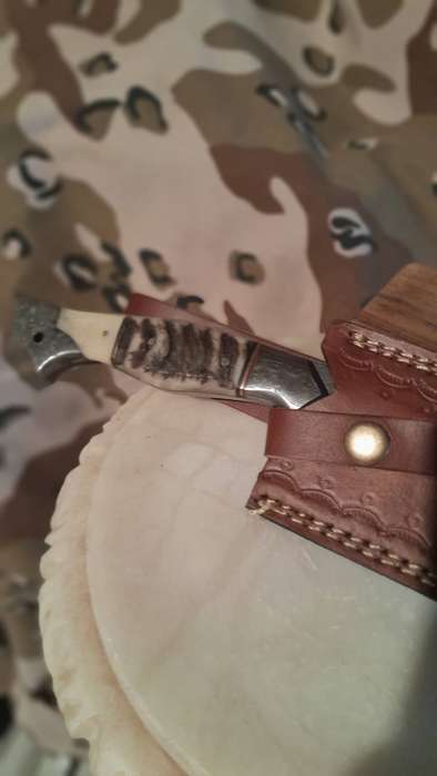 Damascus hunting bowie with bone and ramshorn handle