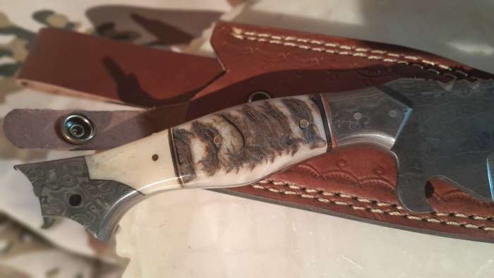 Damascus hunting bowie with bone and ramshorn handle