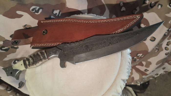 Damascus hunting bowie with bone and ramshorn handle