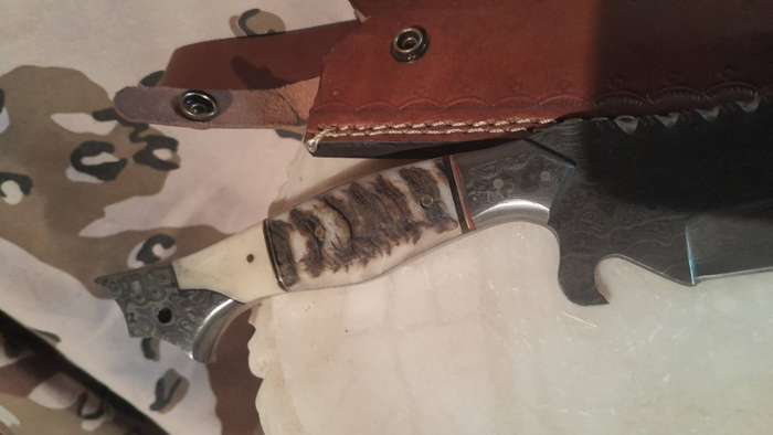 Damascus hunting bowie with bone and ramshorn handle